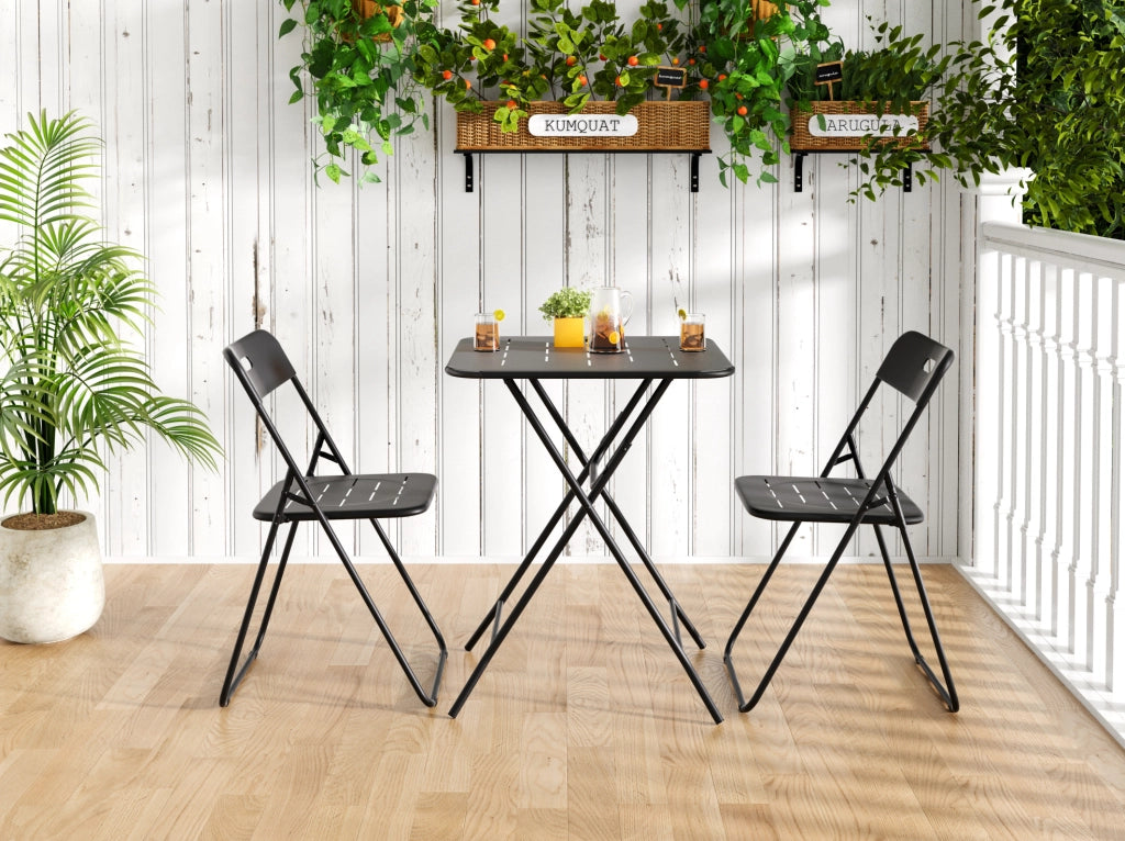 Set bistrot pieghevole 60x60x73 cm nero in acciaio, 2 posti, per terrazza
