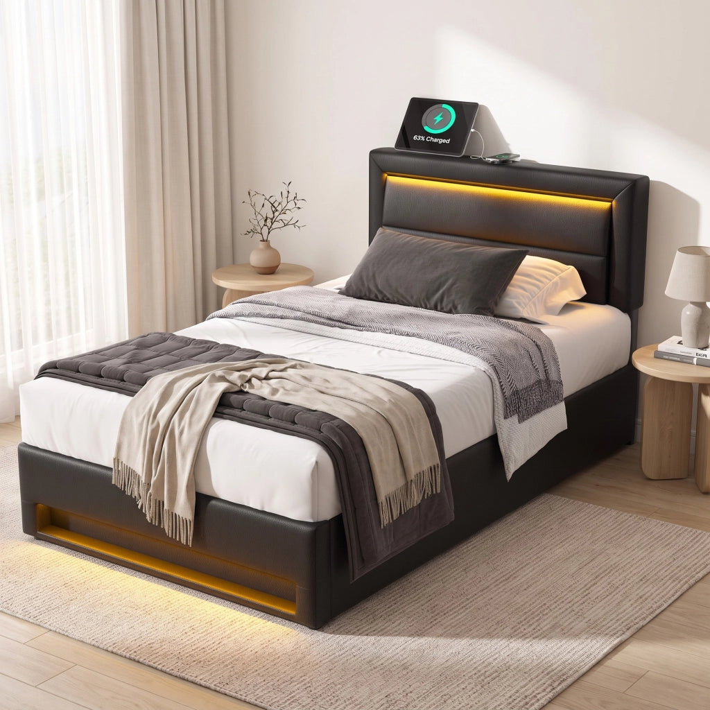 Letto imbottito 90x190 cm con USB, LED, contenitore e rete a doghe, PU, nero