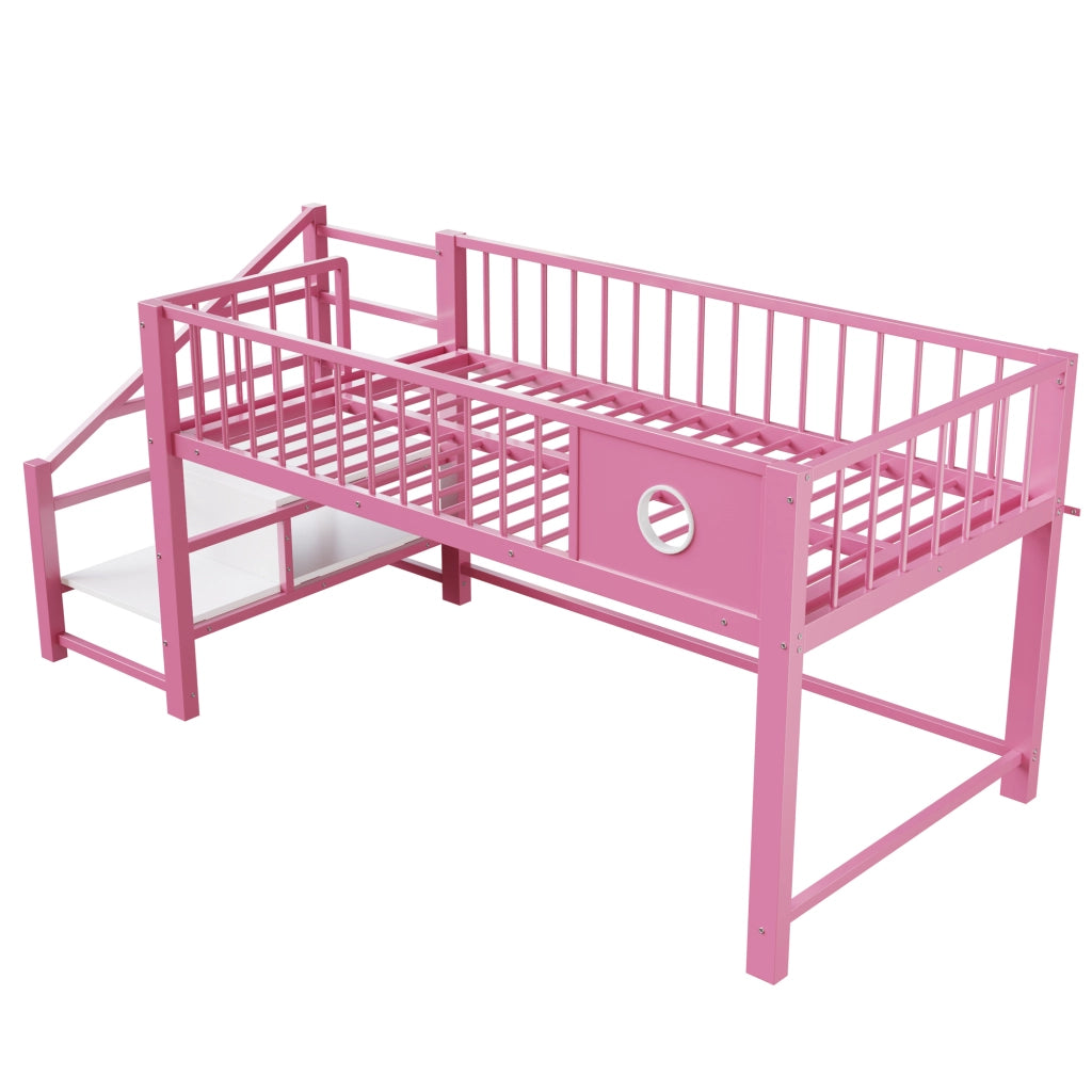 Letto a soppalco 90 × 200 cm con scala contenitore e vano sottoletto in MDF e metallo rosa per bambini e ragazzi