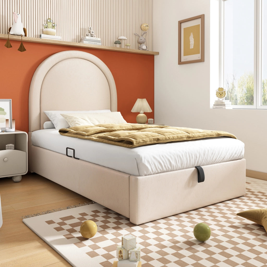 Letto contenitore 90 × 200 cm con testiera imbottita in PU beige struttura in metallo legno e MDF