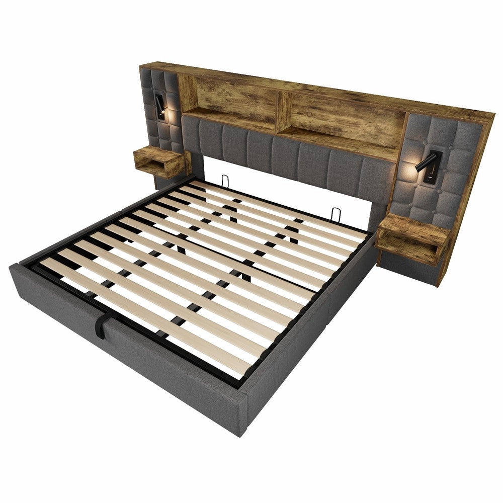 Letto imbottito contenitore ¨C Minimal ¨C grigio tessuto 180x200cm con LED rete a doghe senza materasso