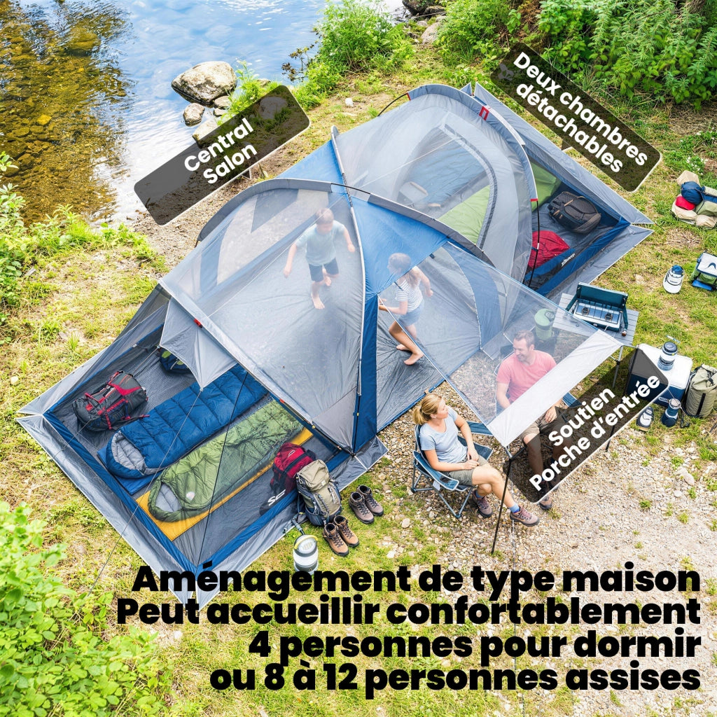 Tenda da Campeggio a Tunnel Familiare 4-5 Persone Blu Doppio Strato con 2 Camere Soggiorno Impermeabile 3000 mm per Giardino