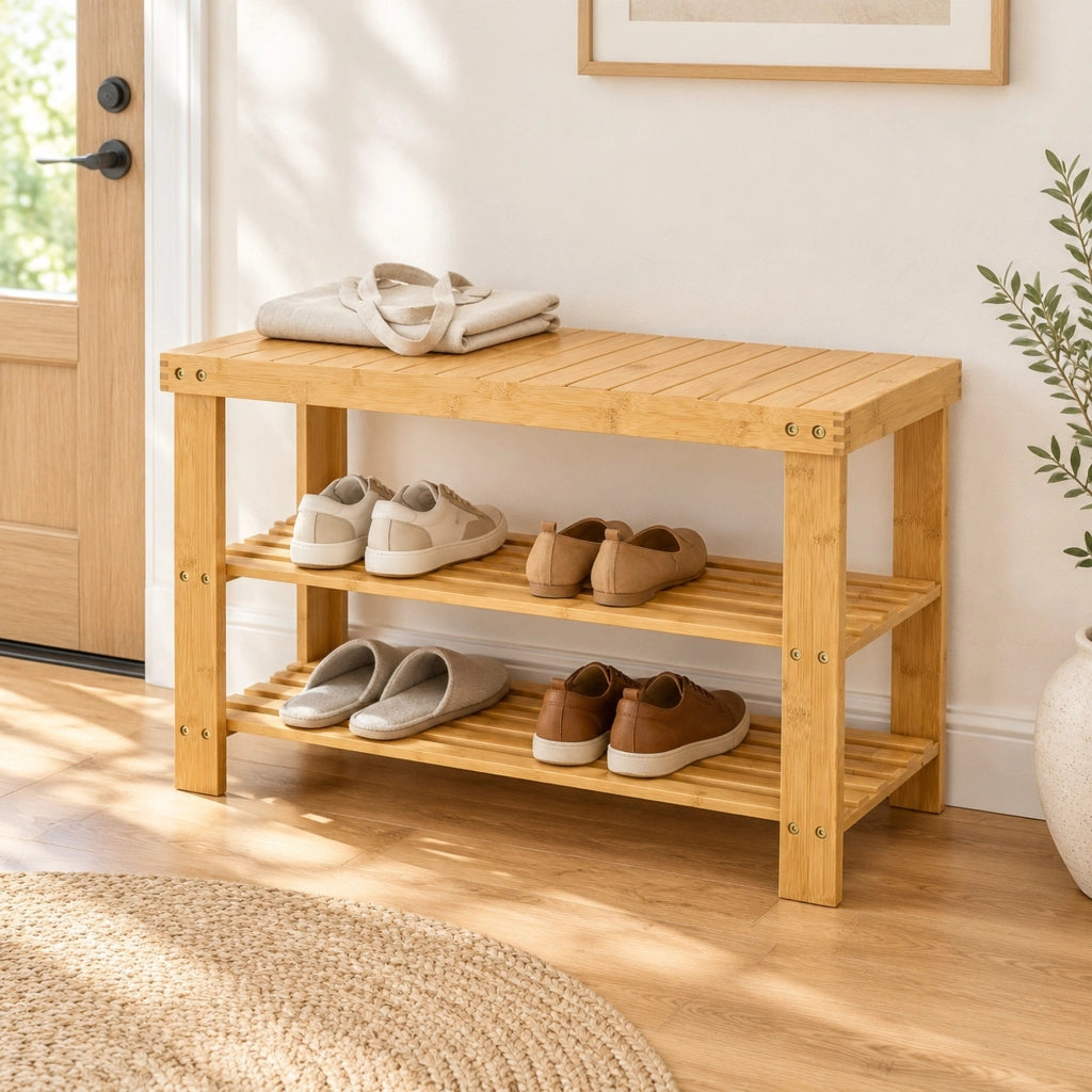 Panca portascarpe in bambù naturale 70 x 28 x 45 cm, 3 ripiani salvaspazio