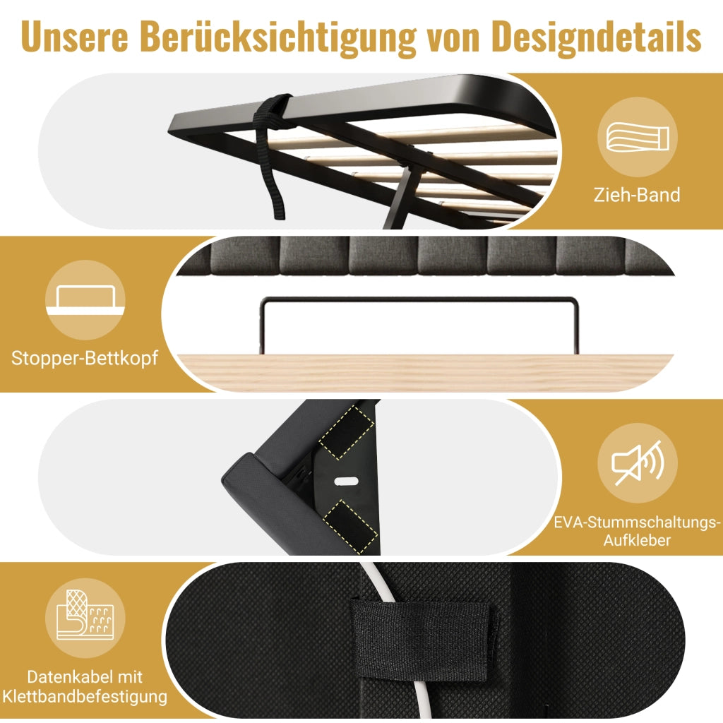 Letto contenitore 140 × 200 cm con testiera portaoggetti USB Type-C LED rivestito in lino grigio con materasso