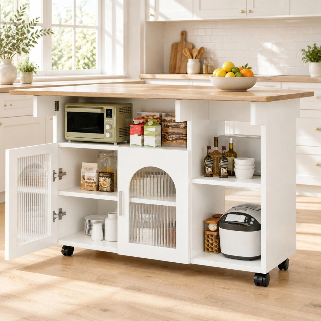 Isola cucina pieghevole con ruote e ripiani 120x30/70x79;5 cm in MDF bianco