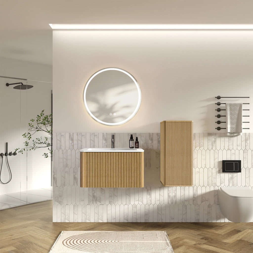 Mobile da bagno con lavabo, specchio LED e colonna - per bagno - in MDF e vetro - rovere