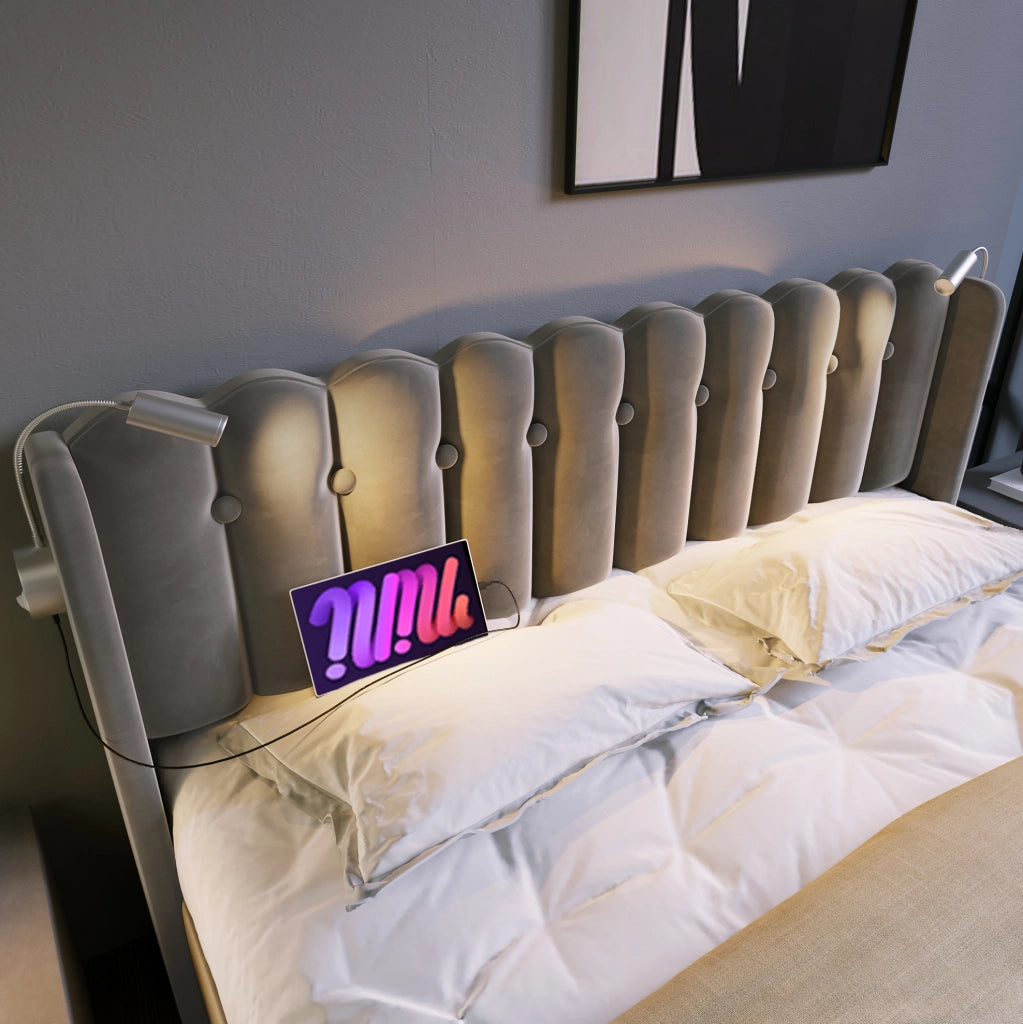 Letto matrimoniale contenitore 140x200 cm in velluto grigio con luce da lettura e USB