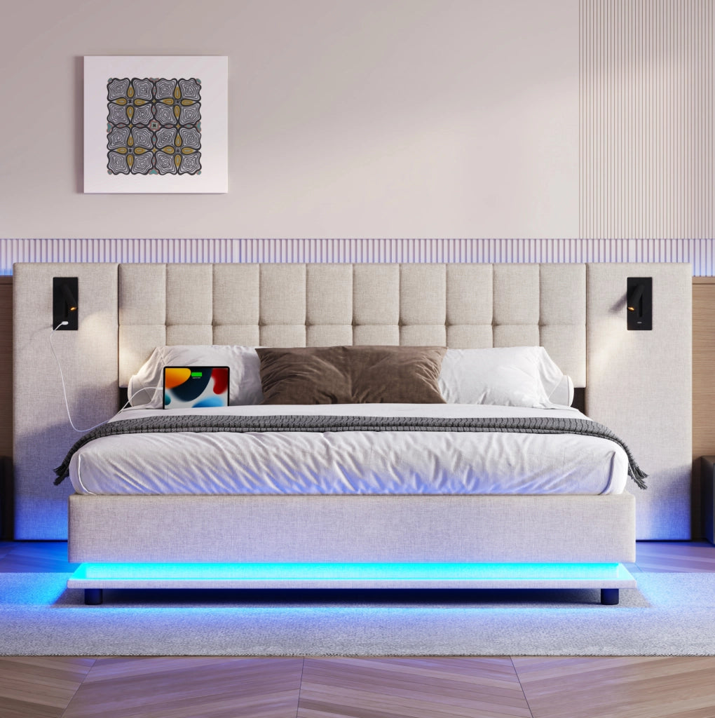Letto matrimoniale 180x200 cm in lino beige con LED e USB, senza materasso