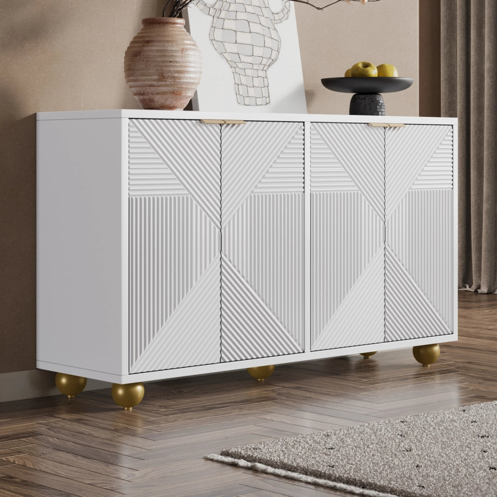 Credenza bianca a quattro ante 120 x 35 x 71;5 cm in MDF con gambe sferiche