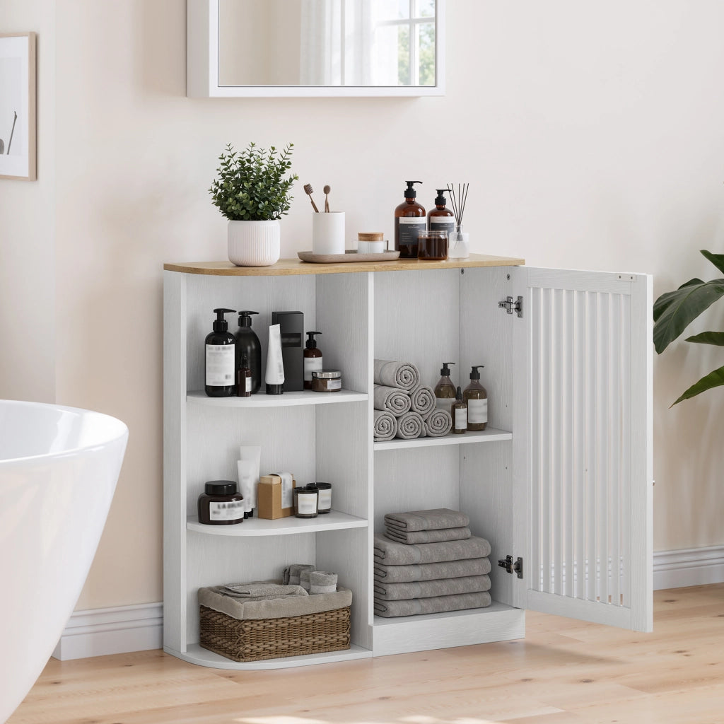 Armadio da bagno angolare con 3 ripiani aperti e ripiani regolabili, in MDF bianco e rovere, 68 × 25 × 76 cm
