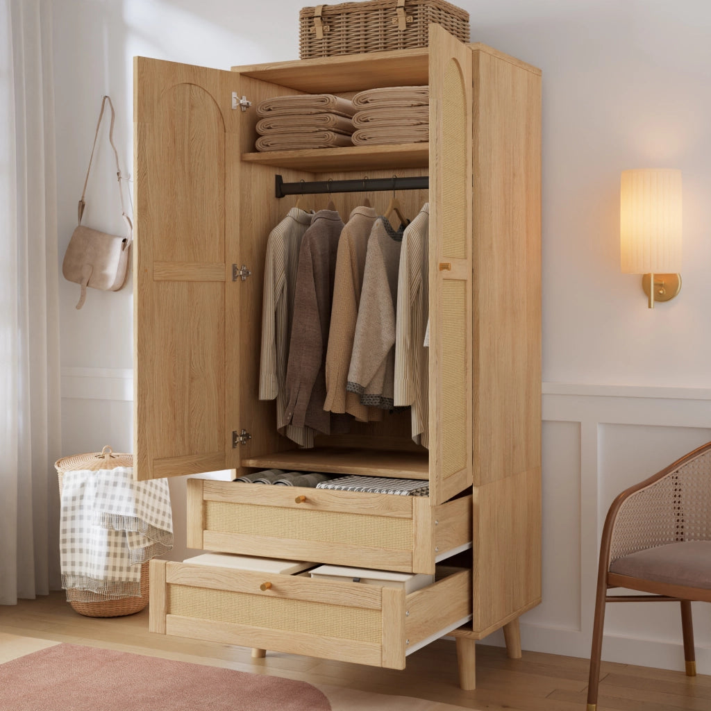 Armadio con 2 ante, appendiabiti, ripiani e 2 cassetti per camera, in MDF naturale, 80 × 50 × 180 cm