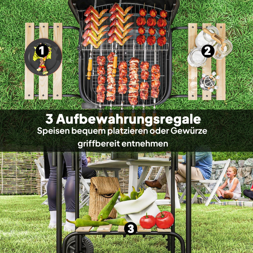 Barbecue a Carbone con Coperchio e Ruote ¨C Xylo ¨C Acciaio Nero 98x54x91 cm