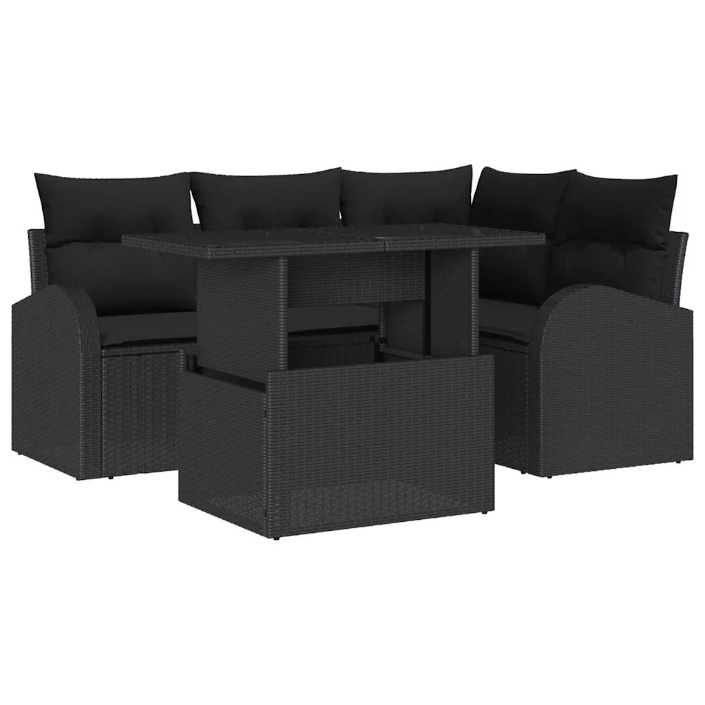 Set Divano da Giardino con cuscino 5 pcs Nero Poly Rattan