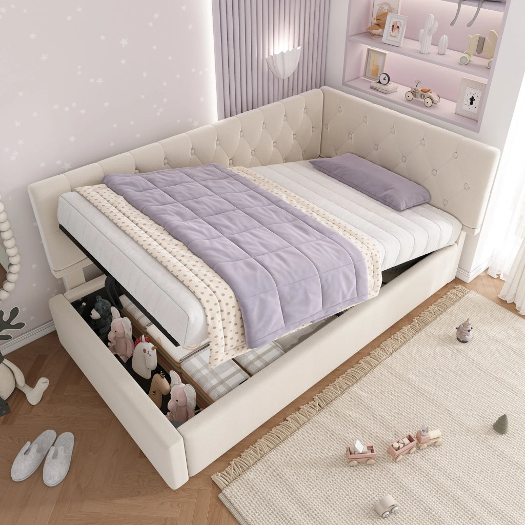 Divano letto singolo 90x200 con contenitore idraulico; letto imbottito in velluto beige