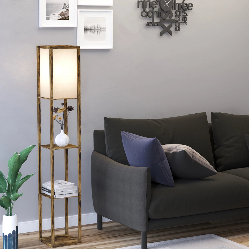 Lampada da terra con 3 mensole integrate, colore legno, attacco E27 potenza 40W, 26x26x160cm, design moderno per casa