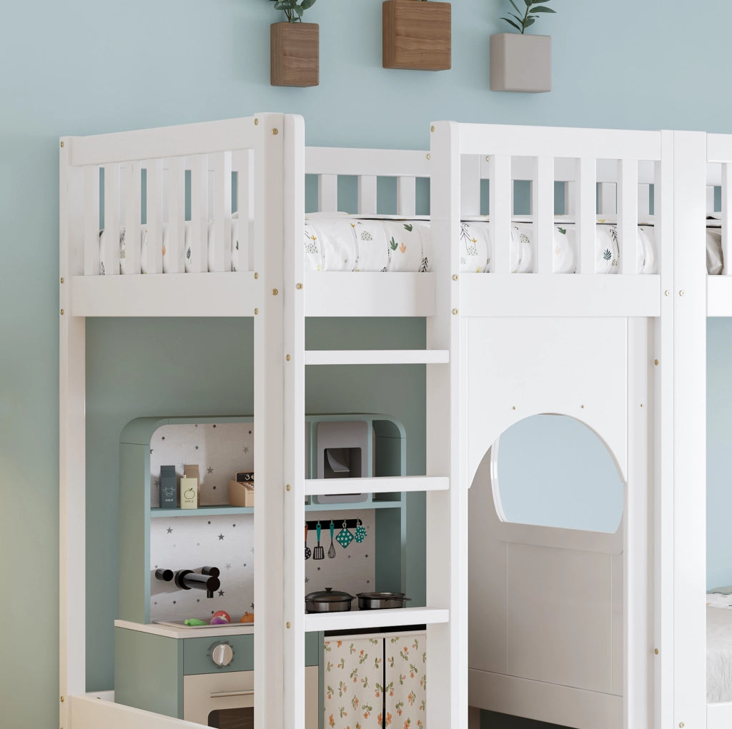 Letto a castello per bambini 90x200 cm con scala a 4 gradini bianco e naturale HOMVRA