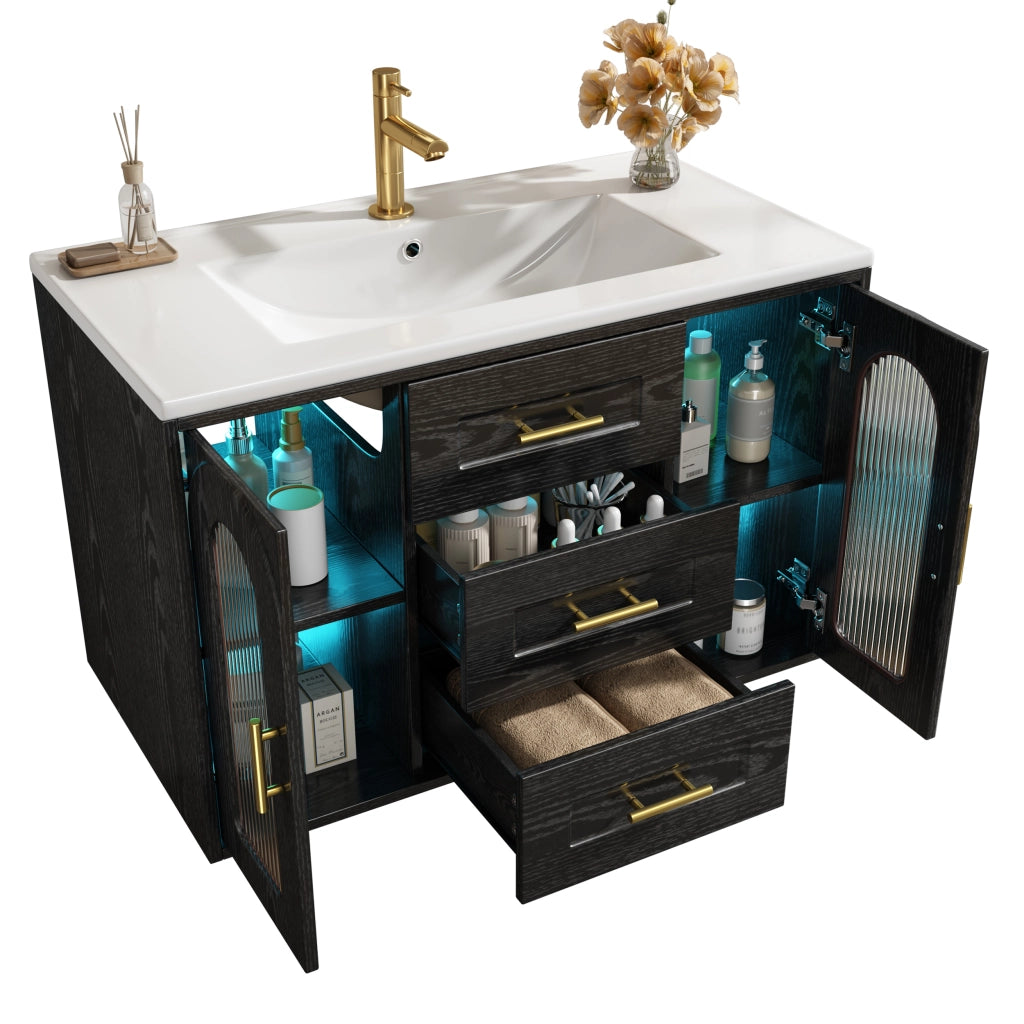 Mobile bagno sospeso 76 cm con lavabo in ceramica, LED e vetro rigato nero