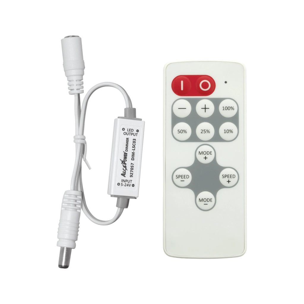 Alcapower Dimmer per strisce LED con telecomando RF 433.92MHz, 5-24V, 5A, 120W max, 8 giochi di luce, grado di protezione IP20, formato ultra compatto