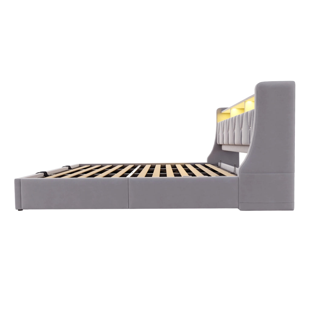 Letto contenitore 180 × 200 cm imbottito con testiera LED prese USB e Type-C in velluto grigio chiaro