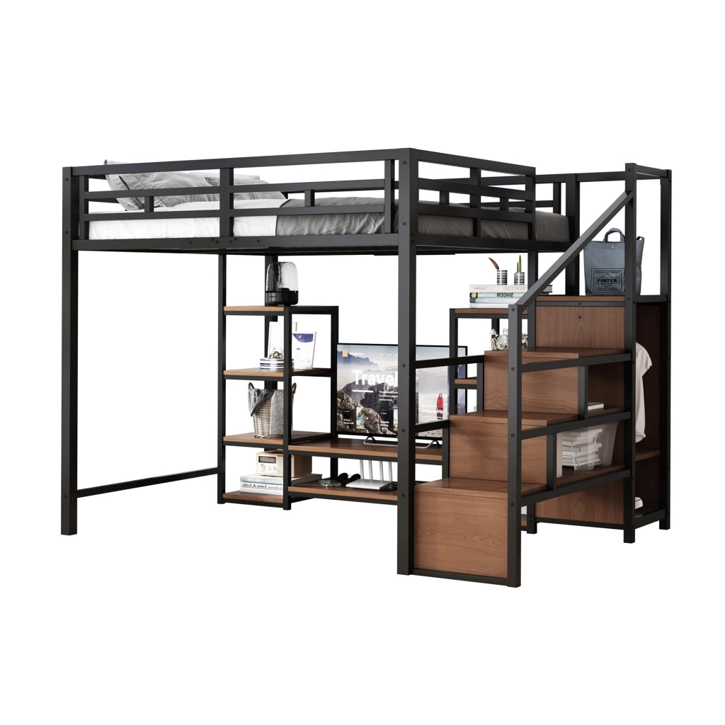 Letto a soppalco 140x200 cm con supporto TV; presa e scala contenitore; metallo e MDF nero