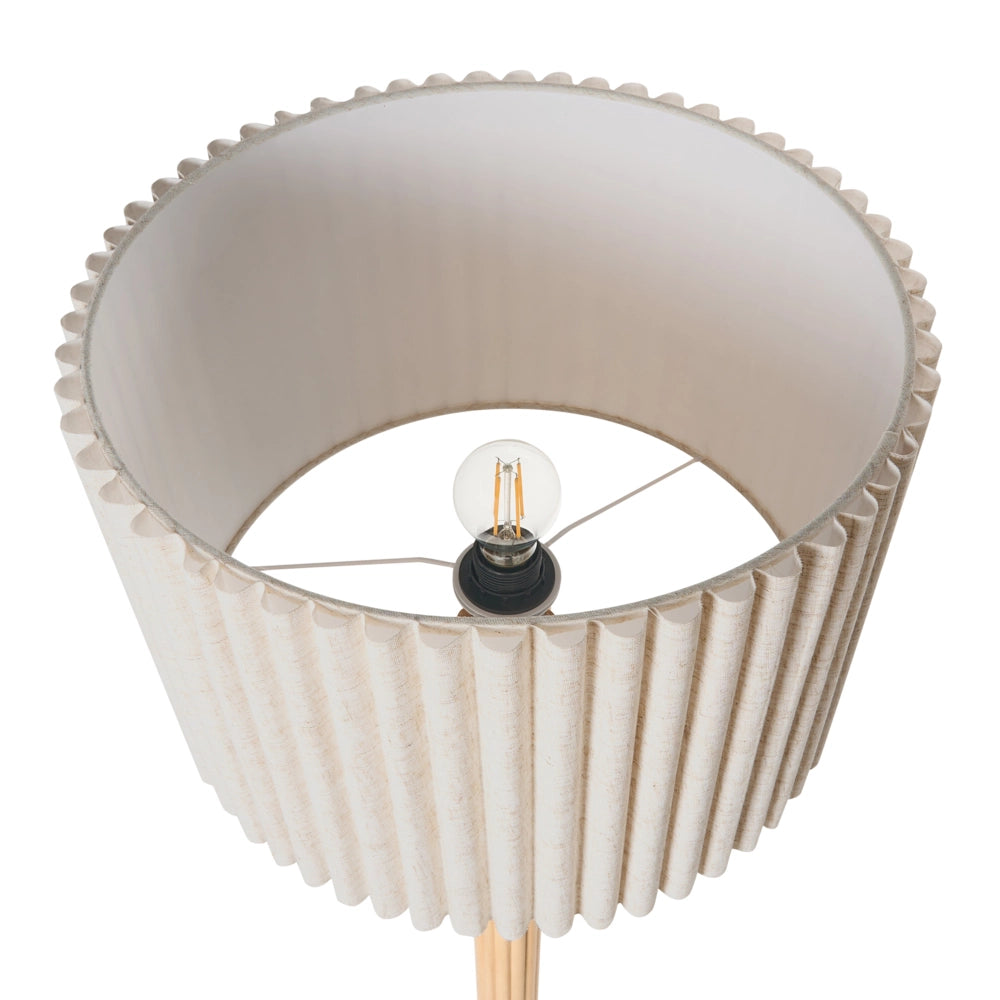 Lampada da terra con paralume in tessuto di lino e base in legno di gomma naturale color beige chiaro stile moderno