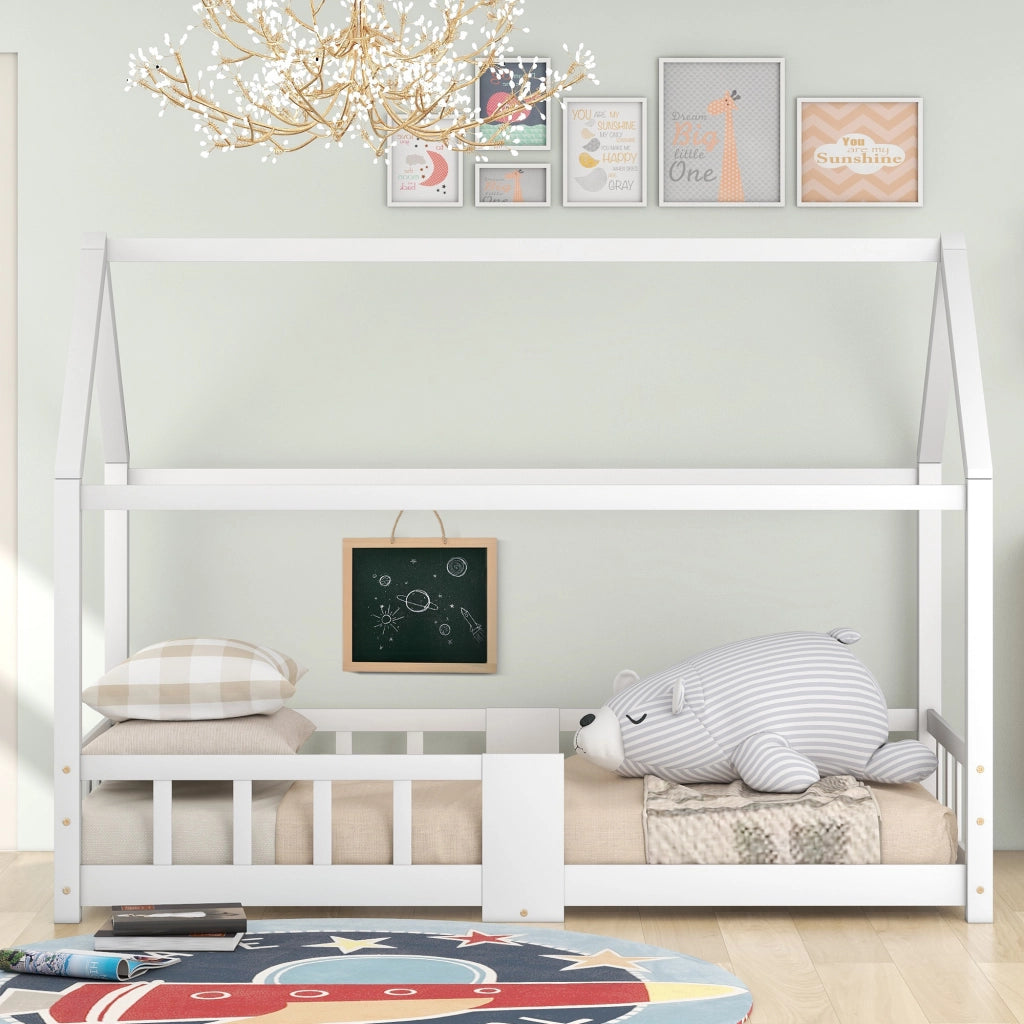 DESMIU Letto casetta bambino 90 × 200 cm con lavagna, sponda di sicurezza, senza materasso, legno massello, bianco
