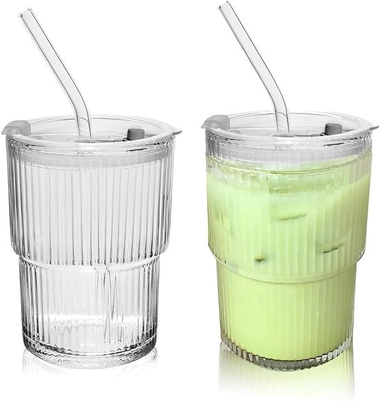 2 bicchieri verticale striati 400 ml con coperchio e manico