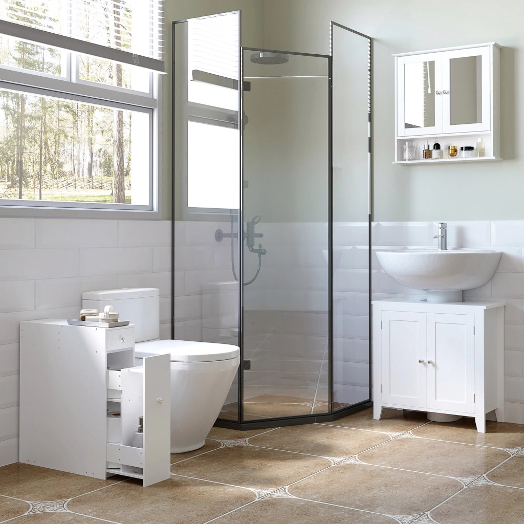 Specchio Bagno Contenitore con Ante e Ripiani Regolabili, Specchiera Bagno in Vetro, Mobiletto Armadietto a Muro con Specchio, 56x13x58cm, Bianco