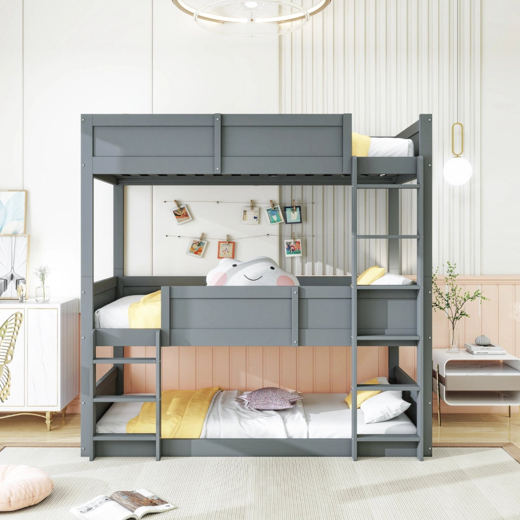 Letto a castello triplo per bambini 90 × 200 cm in legno grigio modulare con sponde alte e tre posti letto