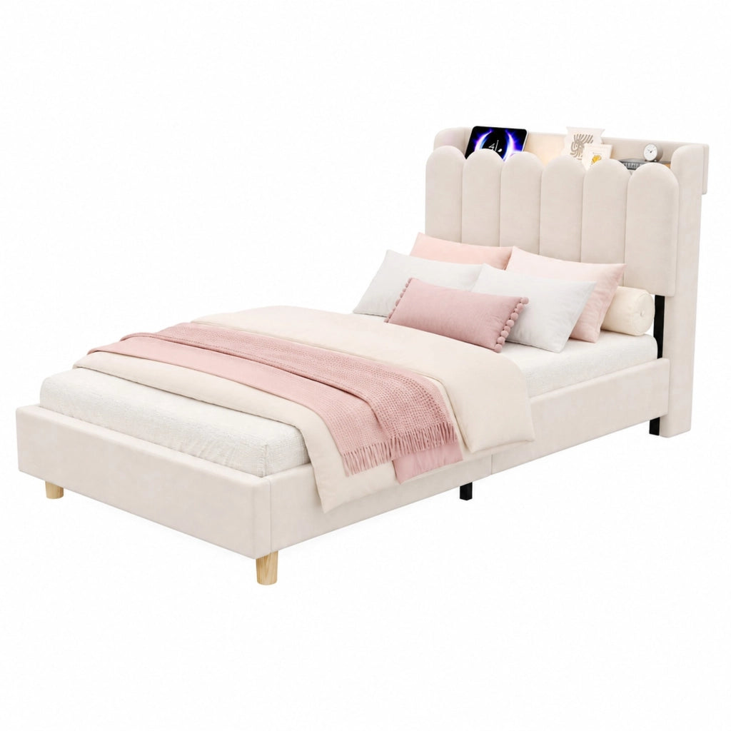 Letto per bambini 90x200 cm con rete a doghe, testiera con luce notturna e USB-C in velluto beige