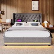 Letto matrimoniale imbottito 180x200 cm grigio in cotone con testiera imbottita, funzione di ricarica USB Tipo-C e contenitore idraulico, illuminazione LED su 3 lati (senza materasso)