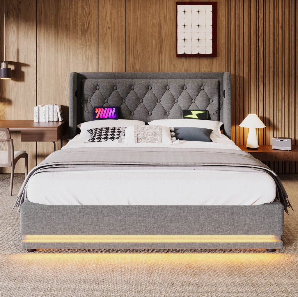 Letto matrimoniale imbottito 180x200 cm grigio in cotone con testiera imbottita, funzione di ricarica USB Tipo-C e contenitore idraulico, illuminazione LED su 3 lati (senza materasso)