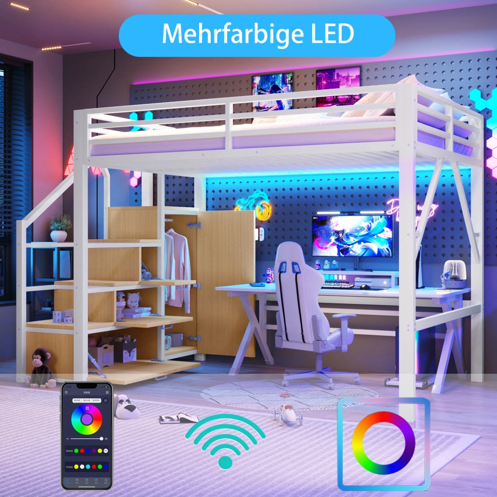 Letto a soppalco 140 × 200 cm in metallo e MDF bianco con armadio ripiani scala contenitore e luci LED