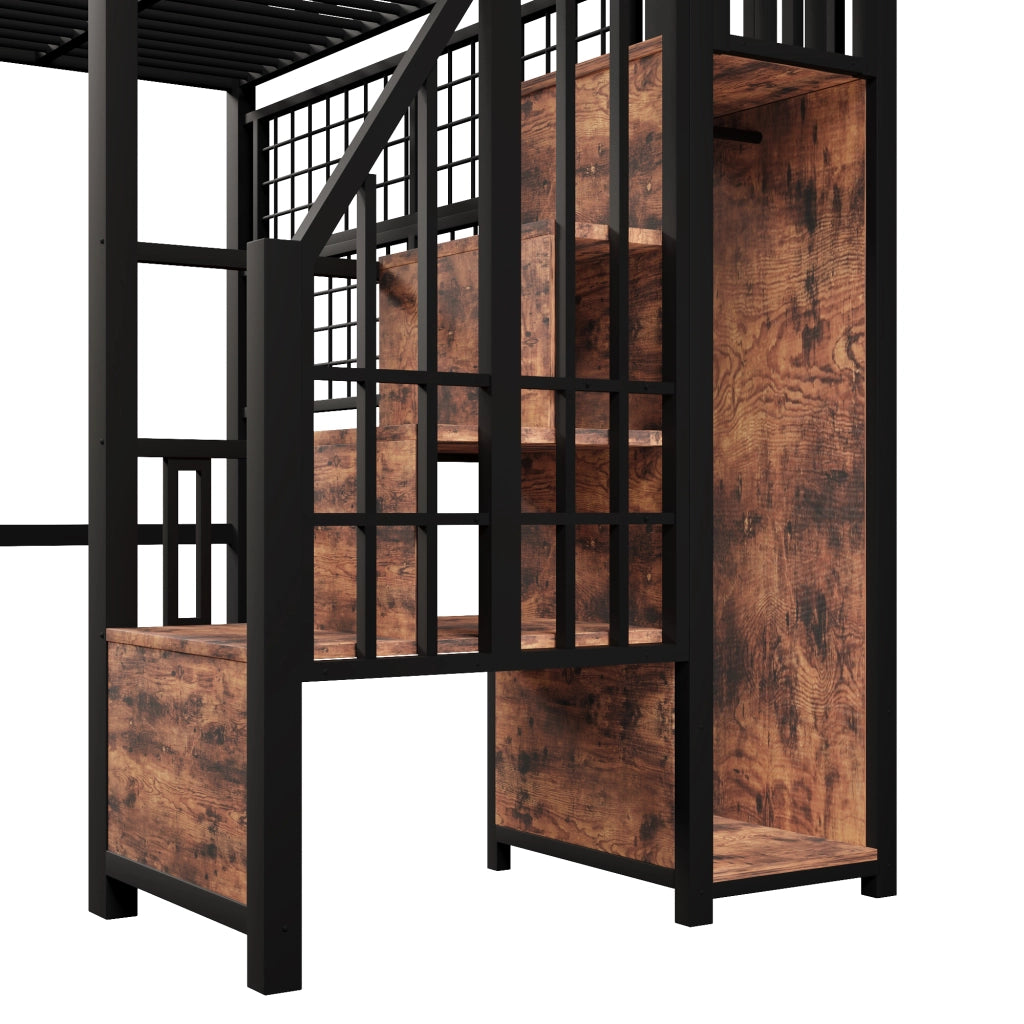 Letto a soppalco 90 × 200 cm con armadio scala contenitore griglia sospesa LED a 7 colori in metallo nero