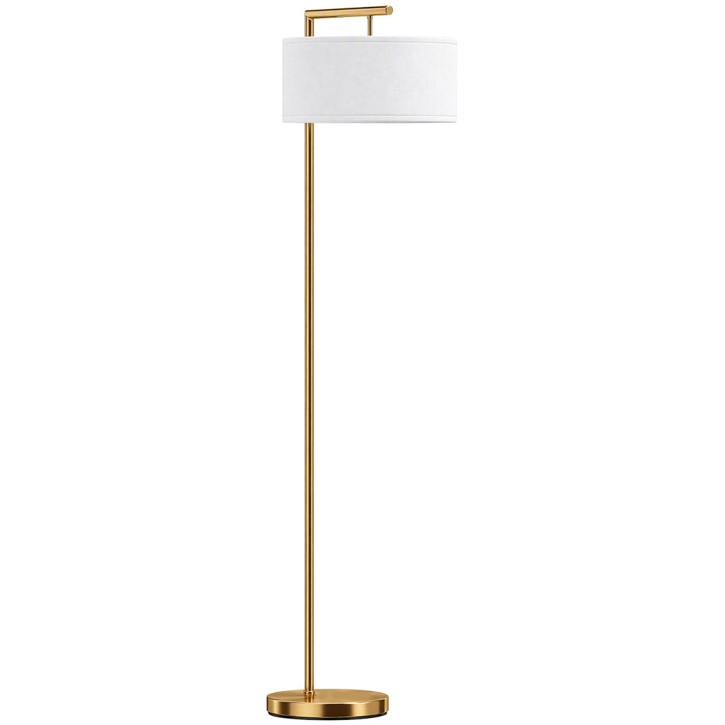 Lampada da terra moderna in acciaio oro e paralume in tessuto bianco con attacco E27 e interruttore a pedale 47 x 37 x 153 cm
