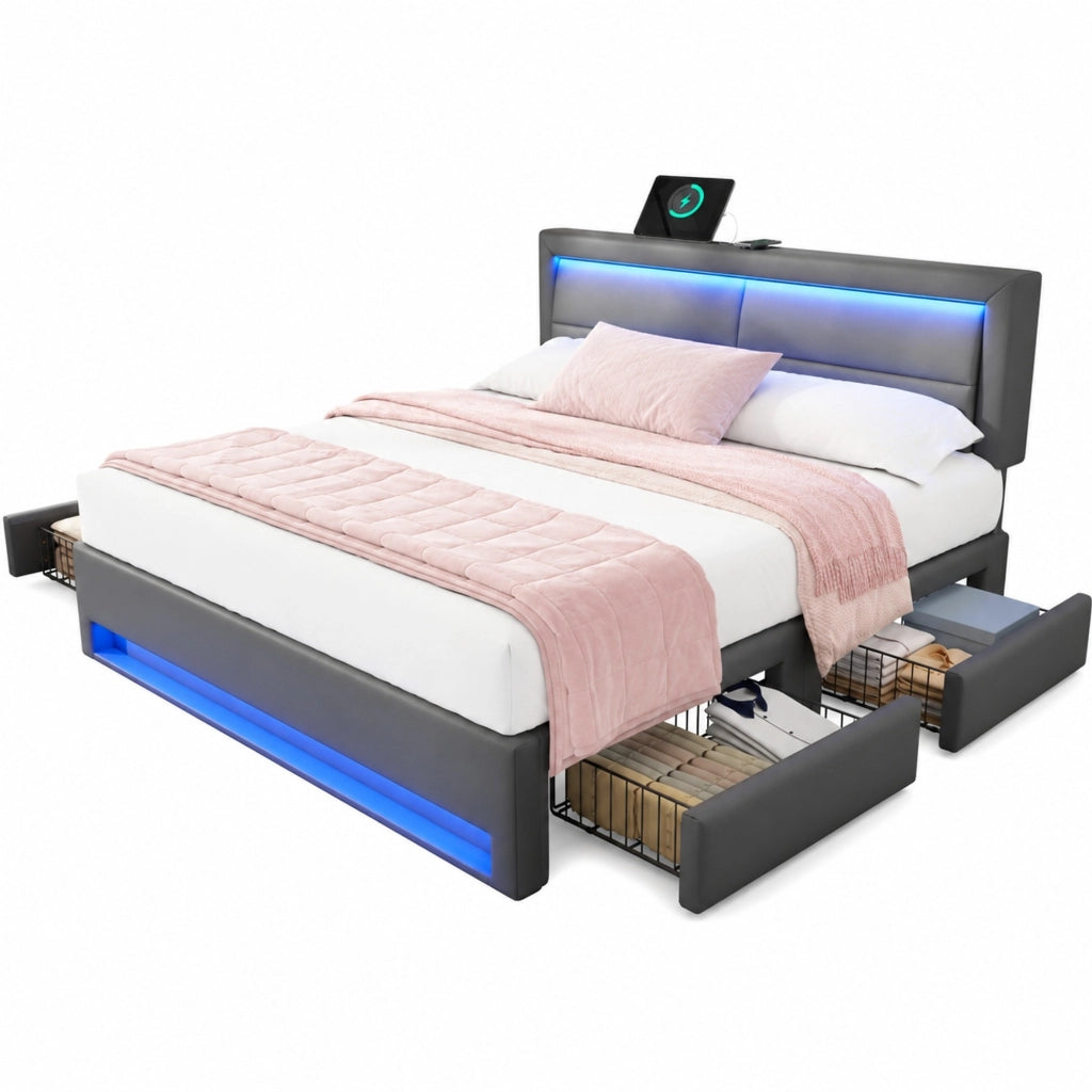 Letto imbottito 140 × 200 cm con USB ricarica wireless LED 12 colori quattro cassetti in PU grigio