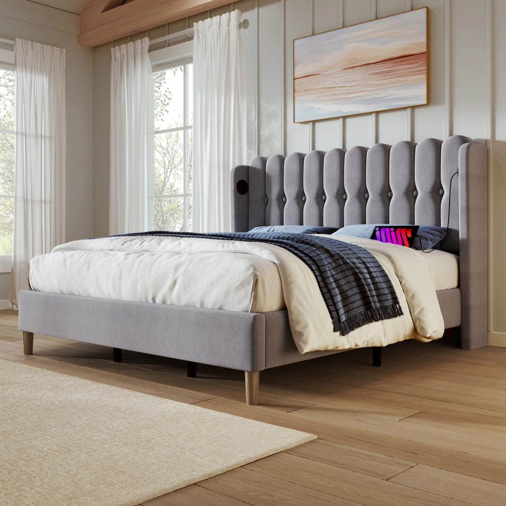 Letto matrimoniale imbottito 180 ¡Á 200 cm con testiera a pannello USB e Type-C in lino grigio con rete a doghe