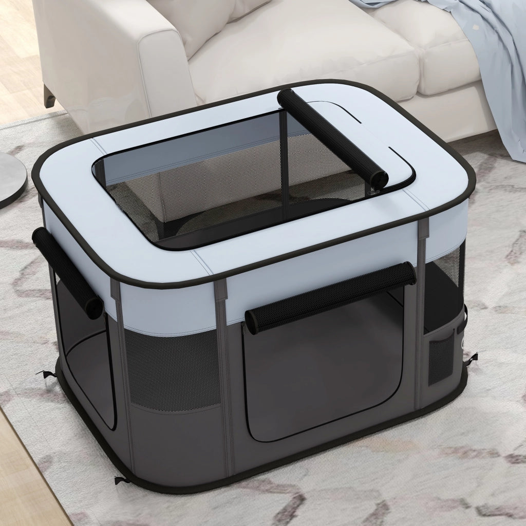 Recinto Pieghevole per Cani Gatti Animali Domestici in Tessuto Oxford con Scomparto ¨C Minimal ¨C 84x64x53 cm Grigio Nero