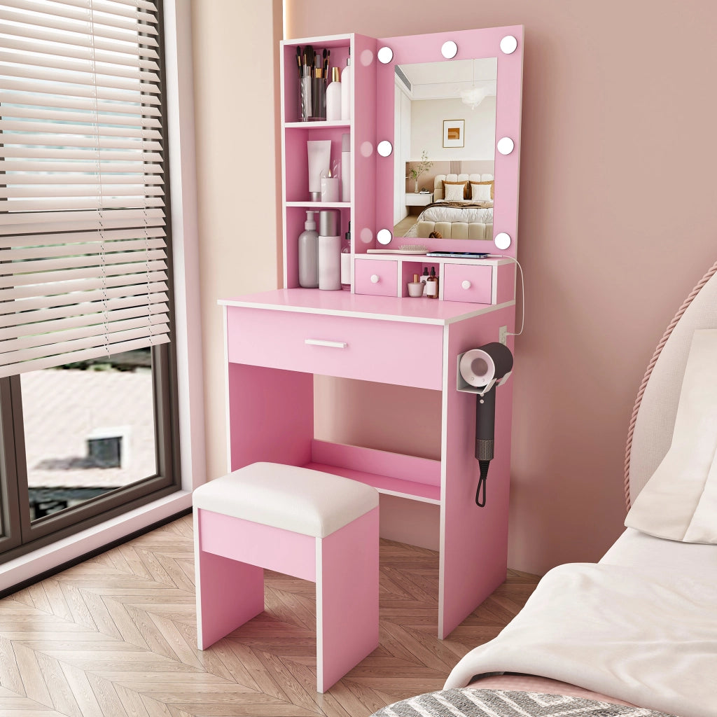 Set Trousse da Trucco ¨C Minimal ¨C Rosa, con Cassetti, Scaffale, LED Regolabile, Hocker Imbottito, 60x38x131.5 cm