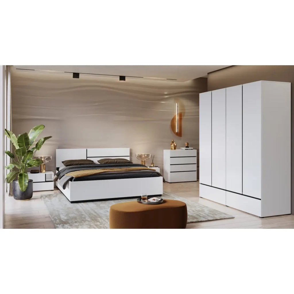 Camera completa HAVANA bianco e nero – Letto contenitore 160x200, armadio 4 porte, comodini e cassettiera