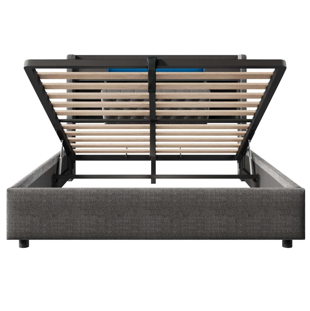 Letto imbottito grigio 140x200 cm con contenitore idraulico, illuminazione LED e porte di ricarica USB/Type-C, testiera con ripiani integrati