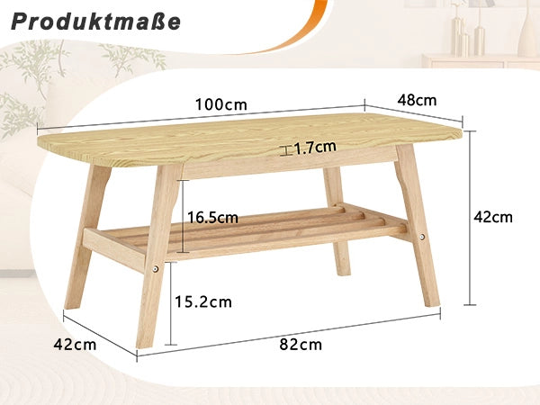 Tavolino basso fisso a due ripiani in legno con ampio spazio contenitore per soggiorno e ufficio 110 × 58 × 19 cm
