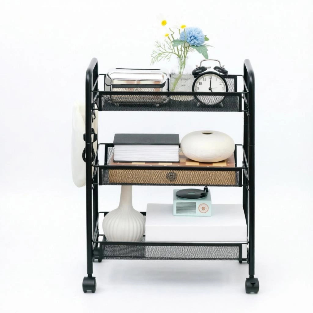 Carrello portatutto a 3 ripiani con cestelli rimovibili in acciaio nero 4 ruote 2 bloccabili 45 × 26.5 × 63 cm
