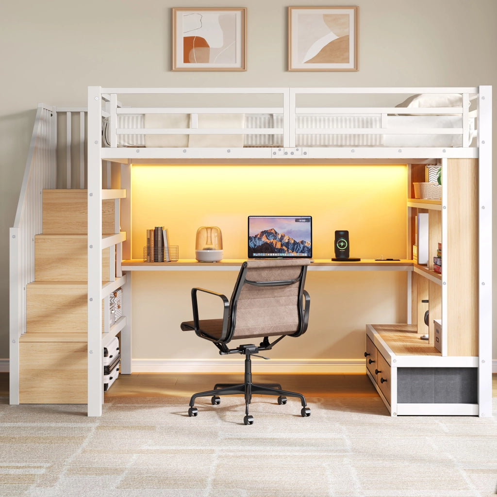 Letto a Soppalco 140x200 cm con Scrivania; LED; Contenitore; Scala e Sponde; Bianco