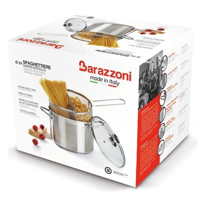 Barazzoni 421049524 Spaghettiera Doppio Cestello Acciaio Inox 18-10 24 cm 7.25 Lt Induzione Made in Italy colore Grigio