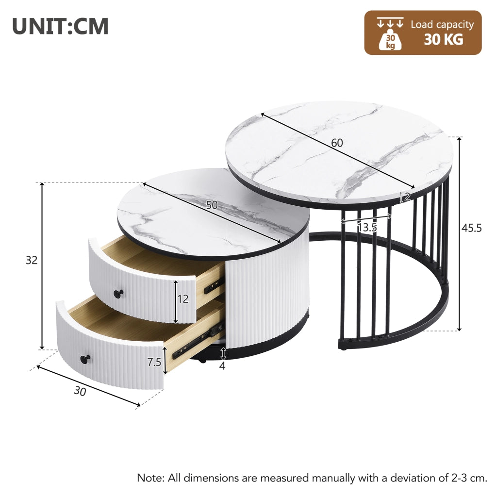 Tavolini da salotto impilabili con 2 cassetti, piano lucido effetto marmo, per soggiorno, in MDF, bianco e nero