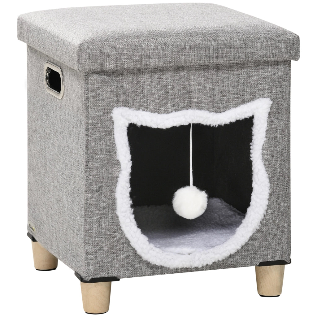 Casetta per Gatti con Tiragraffi, Cuscino e Pallina, in Legno e Poliestere, 35.5x35.5x42.5 cm, Crema e Grigio