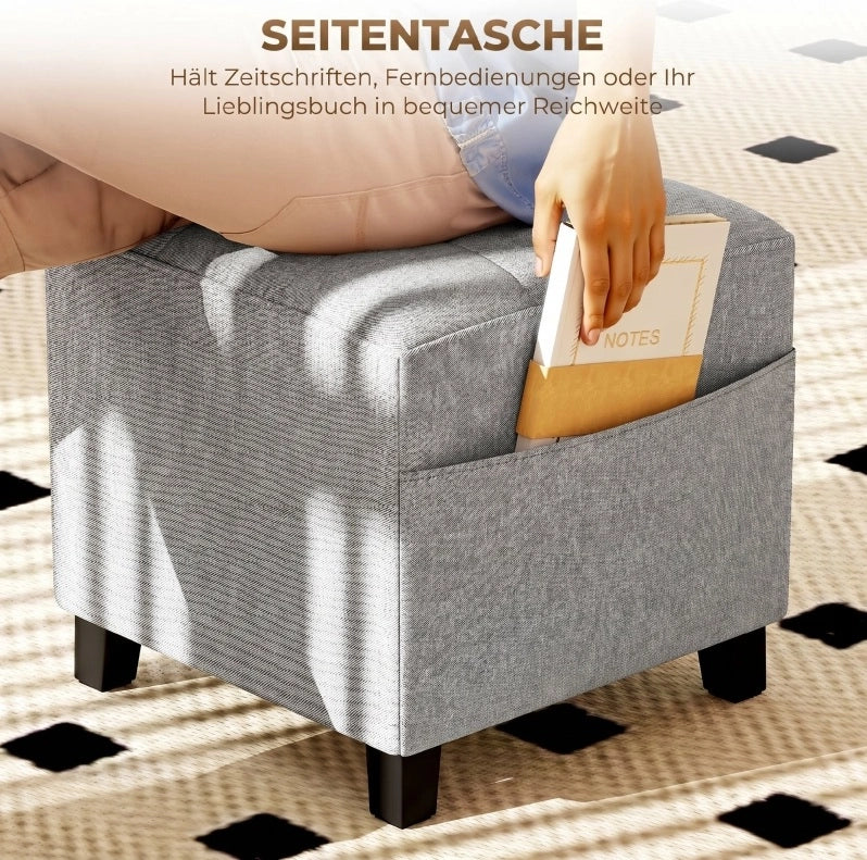 POUF Poggiapiedi 35x35x35 cm in Lino Grigio Chiaro con Tasca