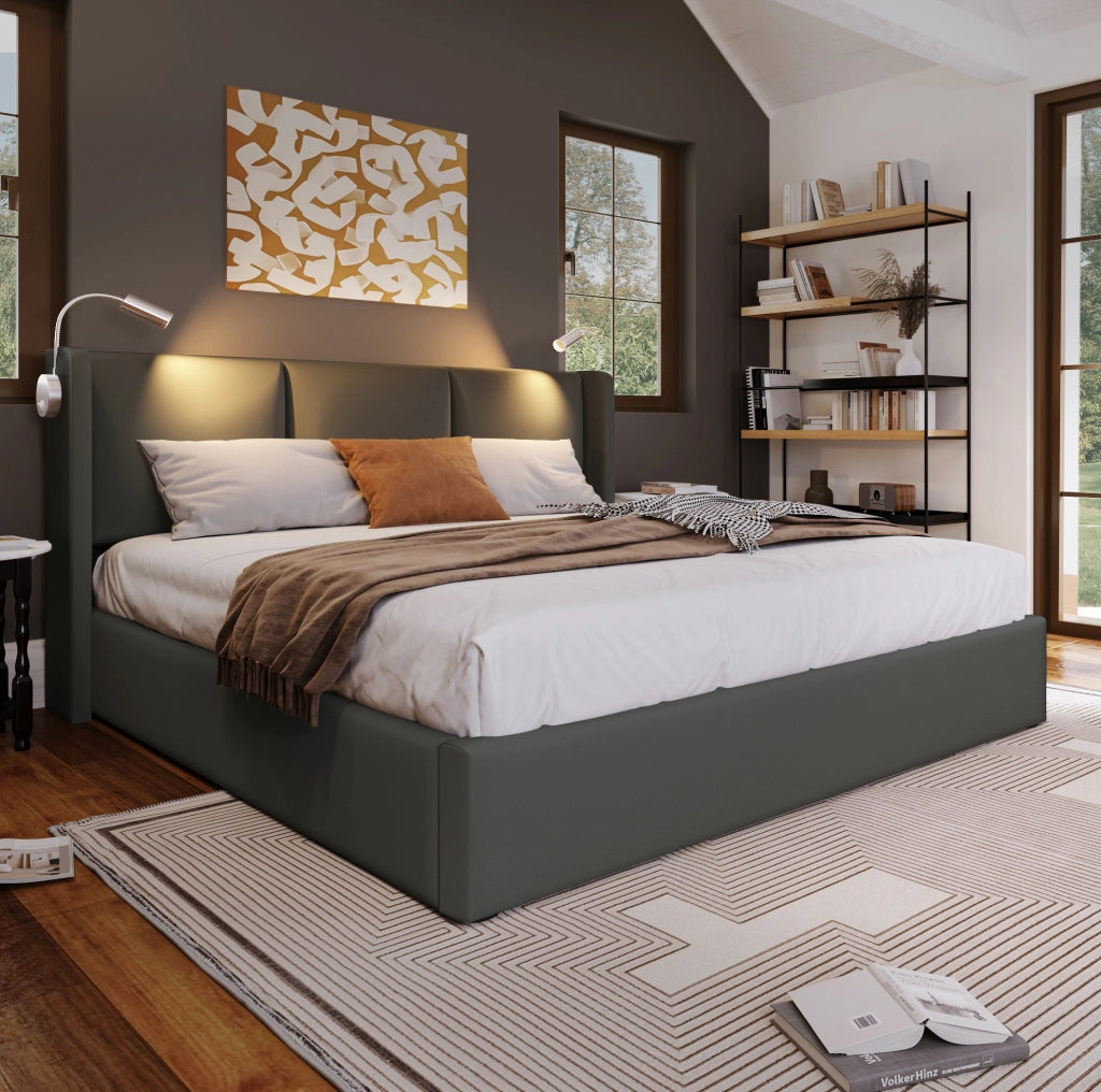Letto imbottito contenitore 160x200 cm con luce da lettura e USB; materasso incluso; grigio