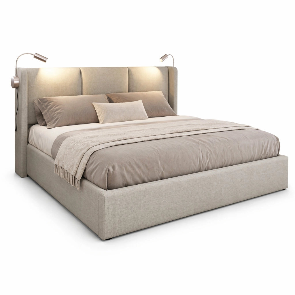 Letto matrimoniale imbottito 140 ¡Á 200 cm con contenitore in lino beige luce da lettura e ricarica USB
